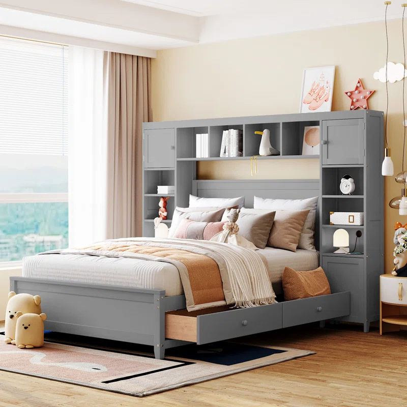 Red Barrel Studio® Full Size Wooden Bed With All-in-One Cabinet and Shelf