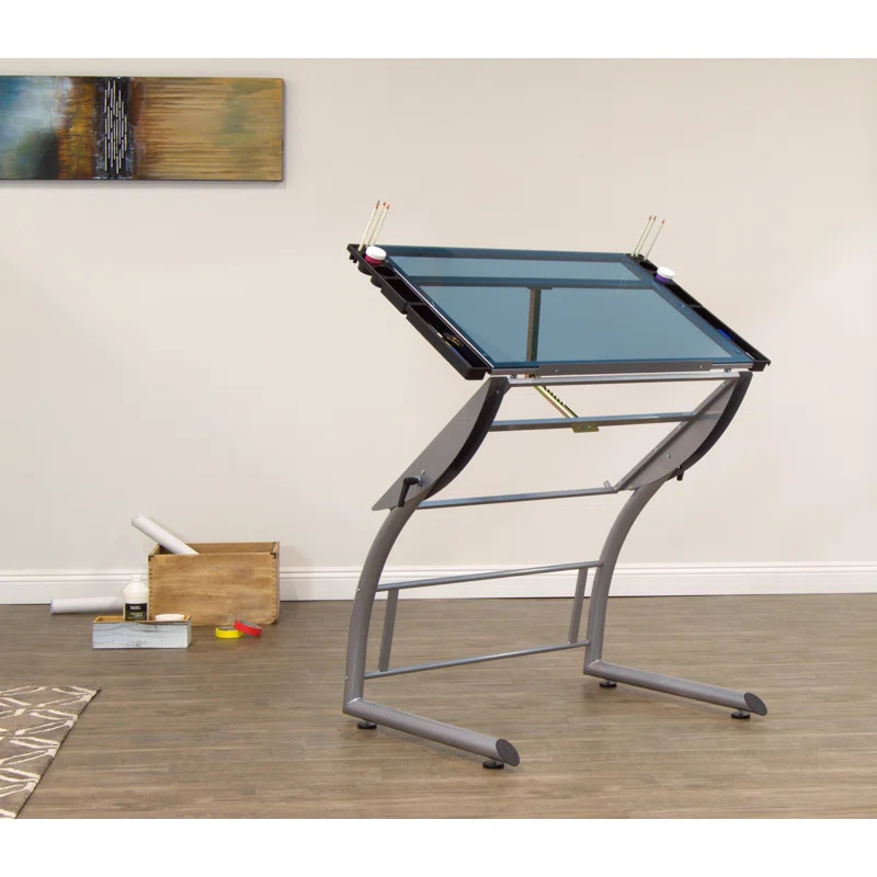 Inbox Zero Cournoyer Glass Top Metal Base Drafting Table