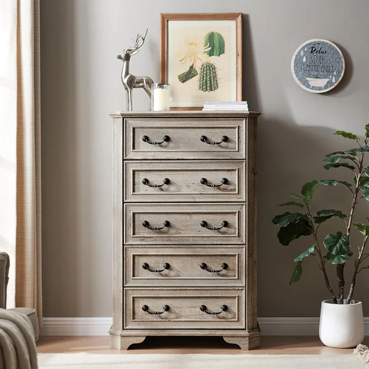Laurel Foundry Modern Farmhouse® Theron Farmhouse 5 Drawer Bedroom Dresser, Wood Tall Chest of Drawers, Closet Storage for Bedroom