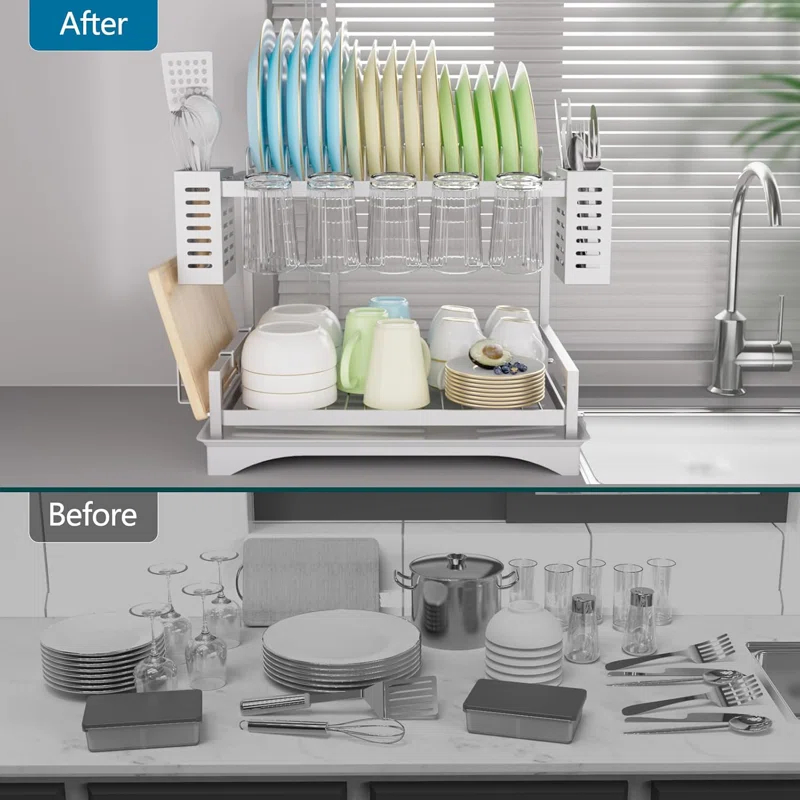 THE GLAMOUR BOUTIQUES Dish Drying Rack: 2 Tier Dish Racks For Kitchen Counter - Large Rust Proof Dish Drying Rack With Aluminum - Detachable Dish Drainer Organizer With Utensil Holders Drainboard Silver