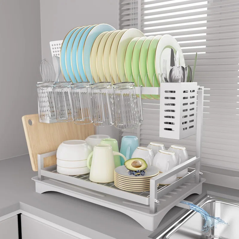 THE GLAMOUR BOUTIQUES Dish Drying Rack: 2 Tier Dish Racks For Kitchen Counter - Large Rust Proof Dish Drying Rack With Aluminum - Detachable Dish Drainer Organizer With Utensil Holders Drainboard Silver