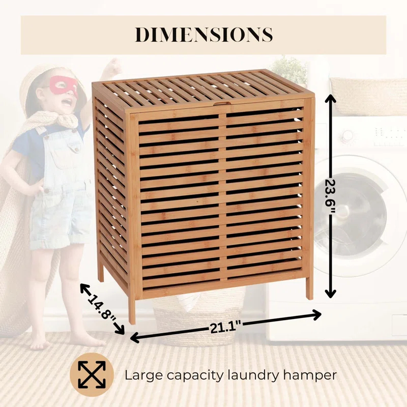 Evideco Bamboo Laundry Hamper with Lid, Removable Bag, Slatted Ventilation Design, Large Storage Basket, Perfect for Bathroom or Laundry Room