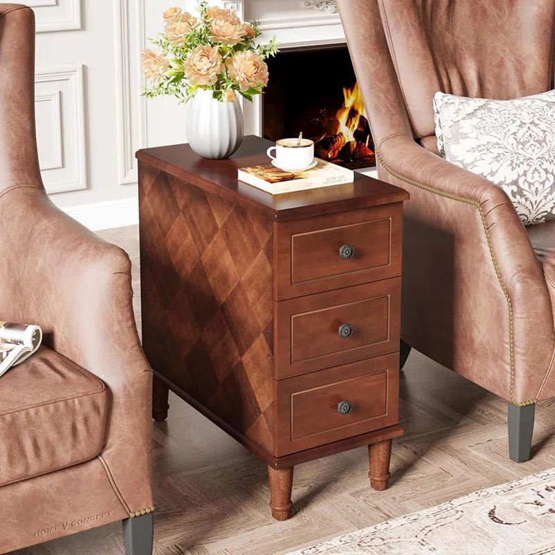 Hokku Designs Solid Wood End Table, Fully Assembled Narrow Side Table With Drawers, Pre-Assembled Nightstand Slim Bedside Table For Small Spaces, Living Room, Bedroom, Brown