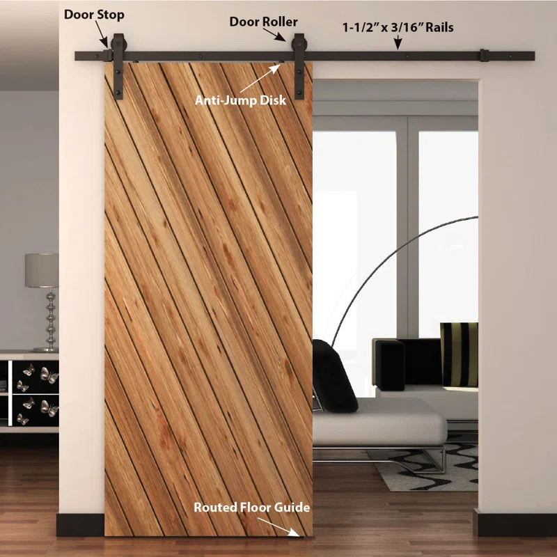American Pro Decor Steel Sliding Rolling Barn Door Hardware Kit for Single Wood Doors with Routed Floor Guide