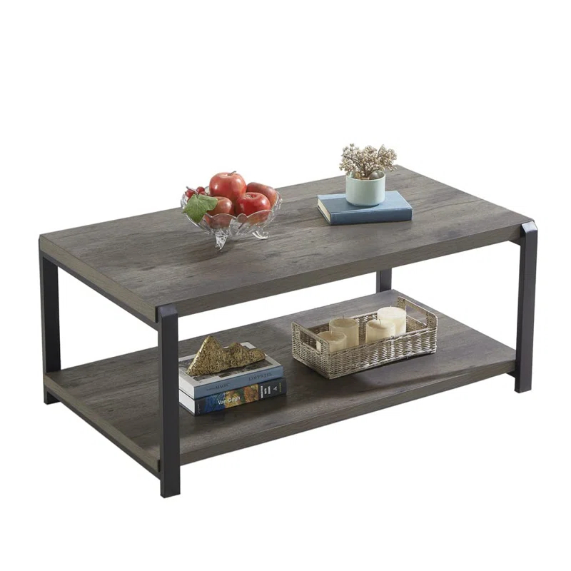 17 Stories Coffee Table With Storage Shelf, Rustic Wood And Metal Cocktail Table For Living Room, Grey