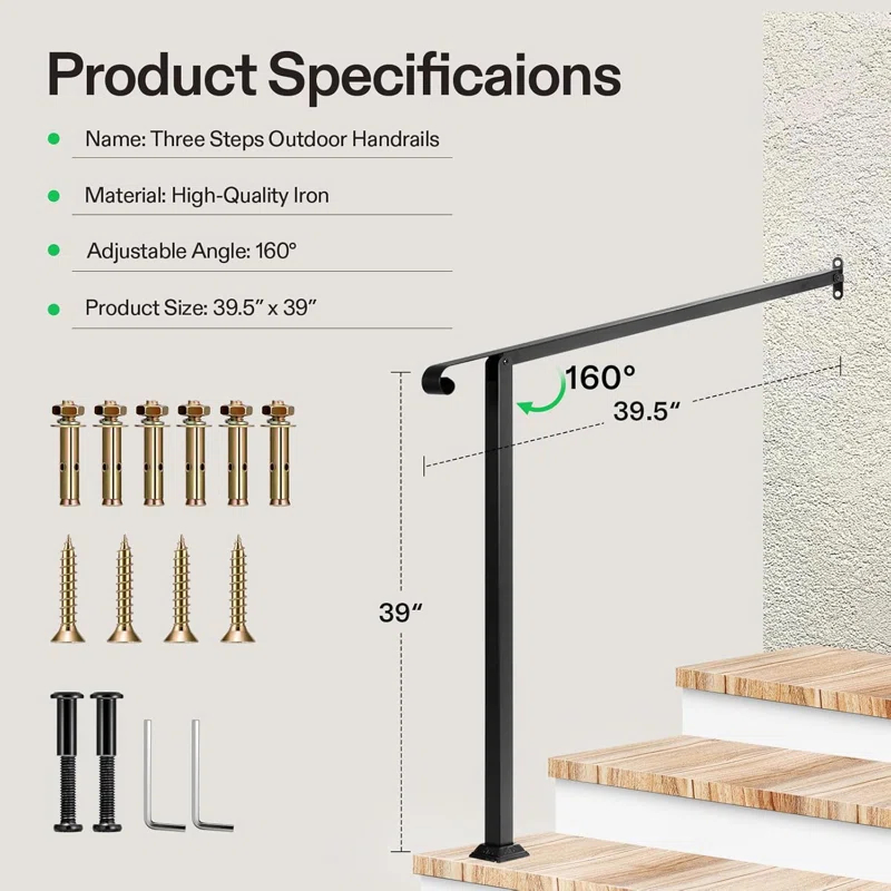 2 Step Wrought Mattle Iron Stair Handrail with Single Curved End