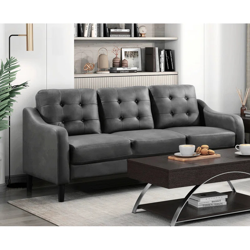 Lark Manor™ Gray Polished Microfiber Upholstered 1Pc Sofa Button Tufted Contoured Arms Solid Wood Frame Couch Casual Living Room Furniture