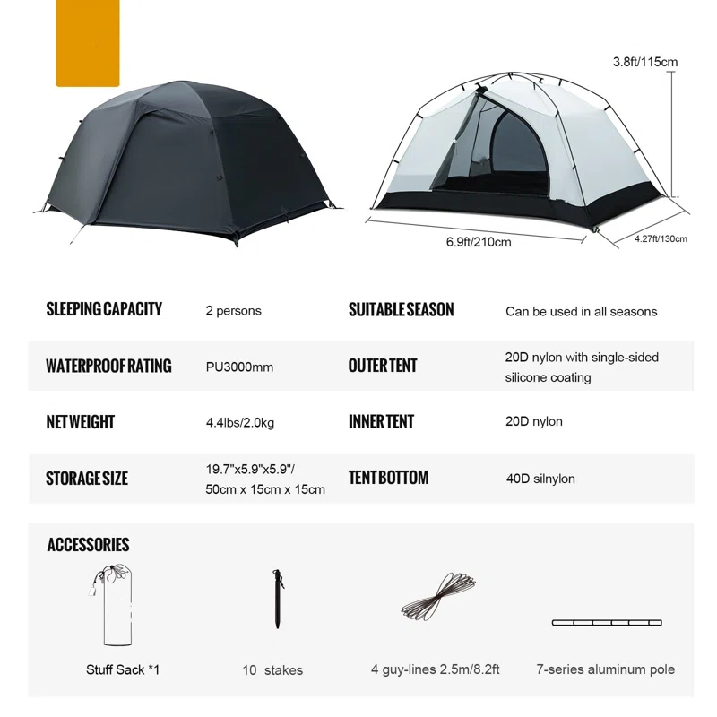 LIFETIME FLOORING LLC 4 Season Camping Tent Backpacking 2 Person Waterproof Lightweight Easy Setup Instant 3000Mm Waterproof Rating Outdoor Hiking Tent