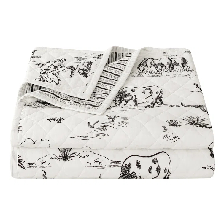 Paseo Road by HiEnd Accents Ranch Life White/Black Cotton Reversible Western Rustic Farmhouse 3 Piece Quilt Set