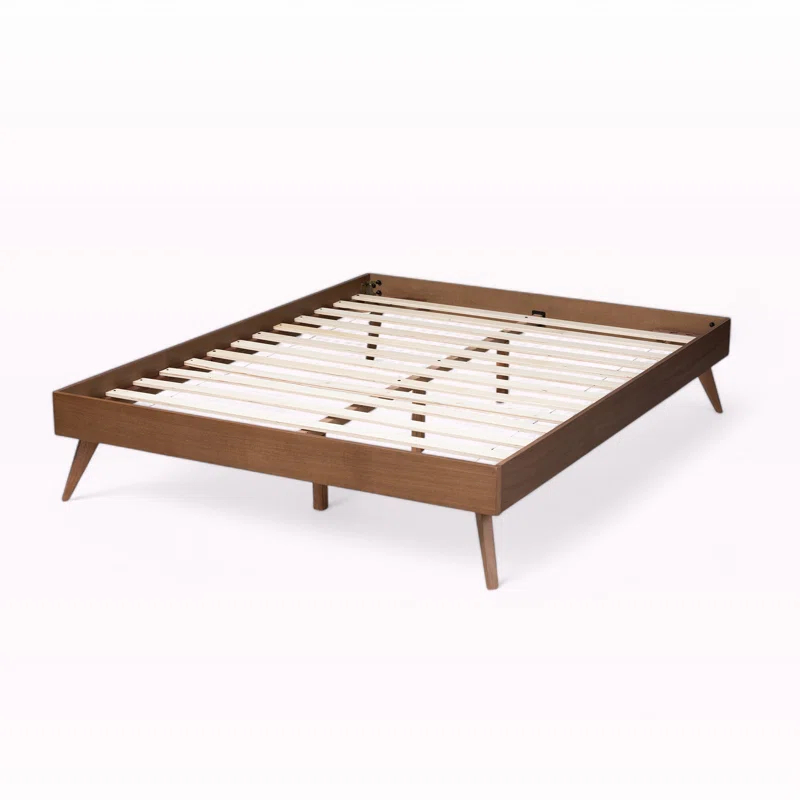 George Oliver Melbourne  Platform Bed Frame in Mid-Century Modern Walnut Brown Finished Wood