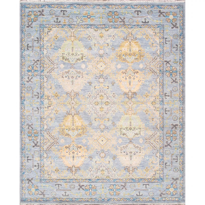 Pasargad Oushak Oriental Hand-Knotted Rectangle 8'1" x 9'9" Wool Area Rug in Blue/Yellow/Black