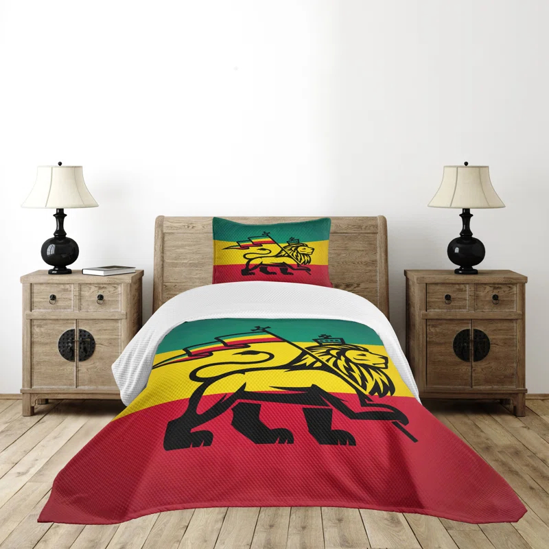 Ambesonne Ambesonne Rasta Bedspread Set Cultural Lion Rastafari Flag Yellow and Black
