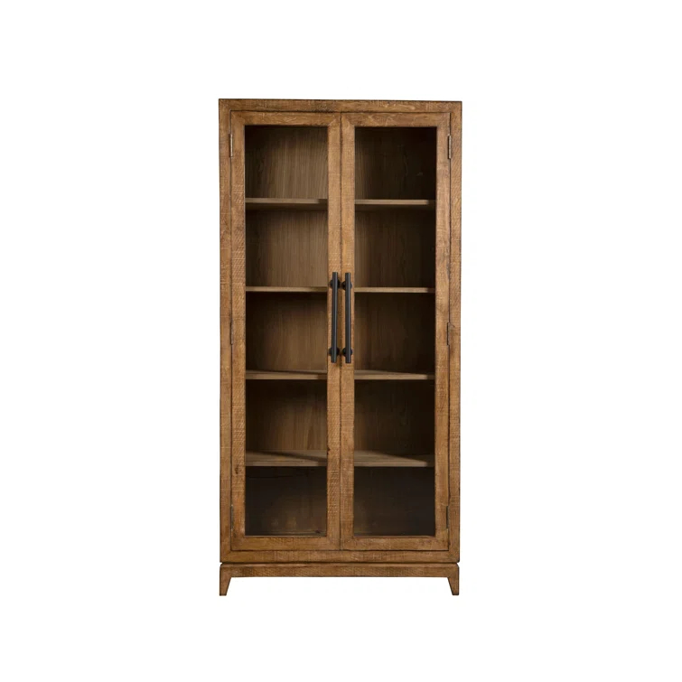 Benjara Orla Tall China Cabinet, 2 Glass Doors, Antique Brown Reclaimed Wood