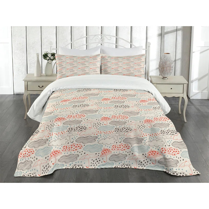 Ambesonne Ambesonne Umbrella Bedspread Set Ornate Clouds Downpour Multicolor