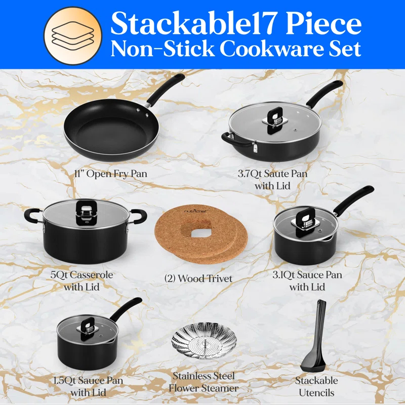 NutriChef 17 - Piece Non-Stick Aluminum Cookware Set
