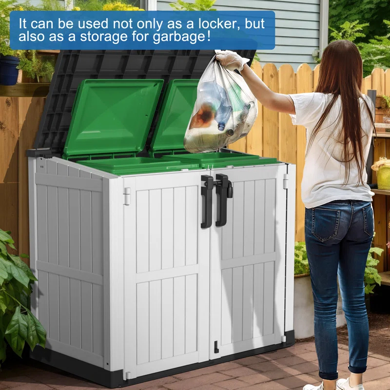 Emperic Design Resin Tool Shed, 36 Cu Ft Waterproof Outdoor Horizontal Storage, Weather-resistant Utility Shed With Air Vent For Trash And Lockable Doors, Garden Tools （black And White）