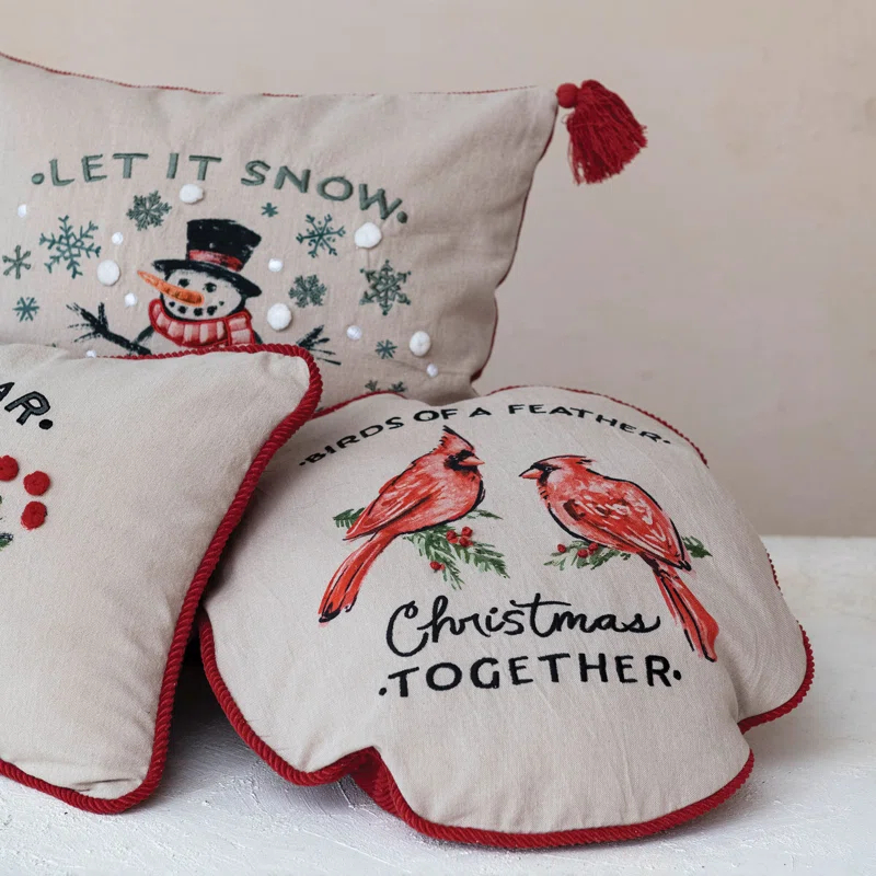 Creative Co-Op Round Cotton Printed Pillow With Cardinals, Embroidery And Corduroy Back "Birds Of A Feather, Christmas Together"