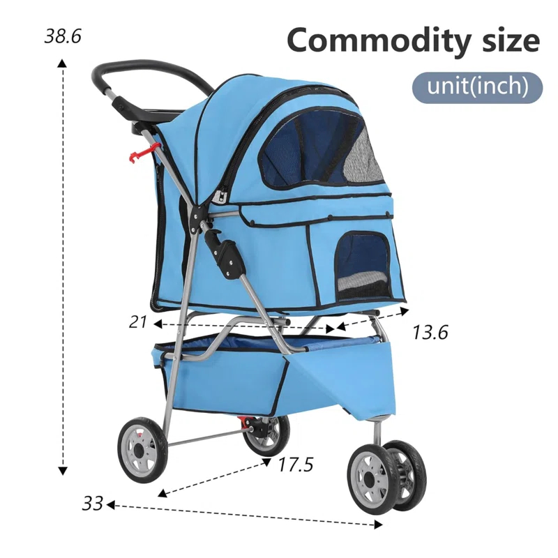ToccoLeggero Pet Stroller Foldable Dog Stroller 3-Wheel Durable Cat Jogger Stroller For Small And Medium Dogs Cats With Washable Liner Storage Basket Cup Holder