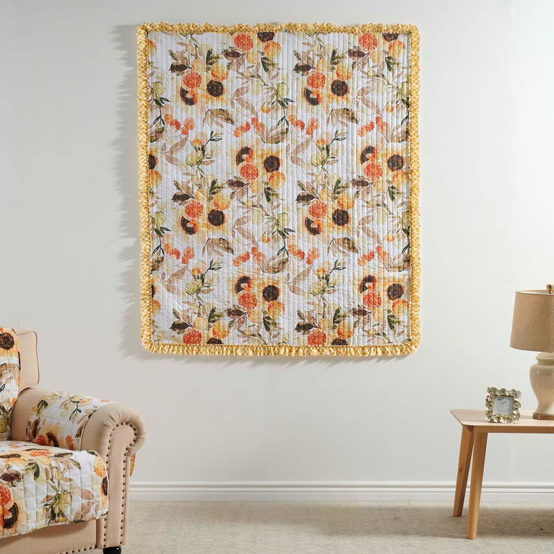 Greenland Home Fashions Somerset Sunflower Reversible Quilted Throw with Gingham Ruffles