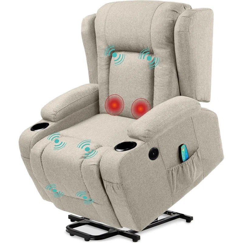 Hokku Designs Modern Linen Electric Power Lift Chair, Recliner Massage Chair, Adjustable Furniture for Back, USB Port, Heat, Cupholders