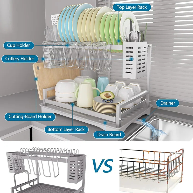 THE GLAMOUR BOUTIQUES Dish Drying Rack: 2 Tier Dish Racks For Kitchen Counter - Large Rust Proof Dish Drying Rack With Aluminum - Detachable Dish Drainer Organizer With Utensil Holders Drainboard Silver