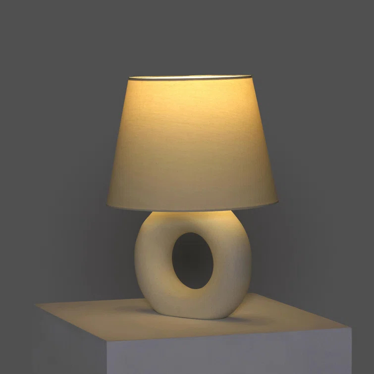 Brightech Chloe 15.5" Modern LED Table Lamp with Circular Ceramic Base and Natural Cotton Shade