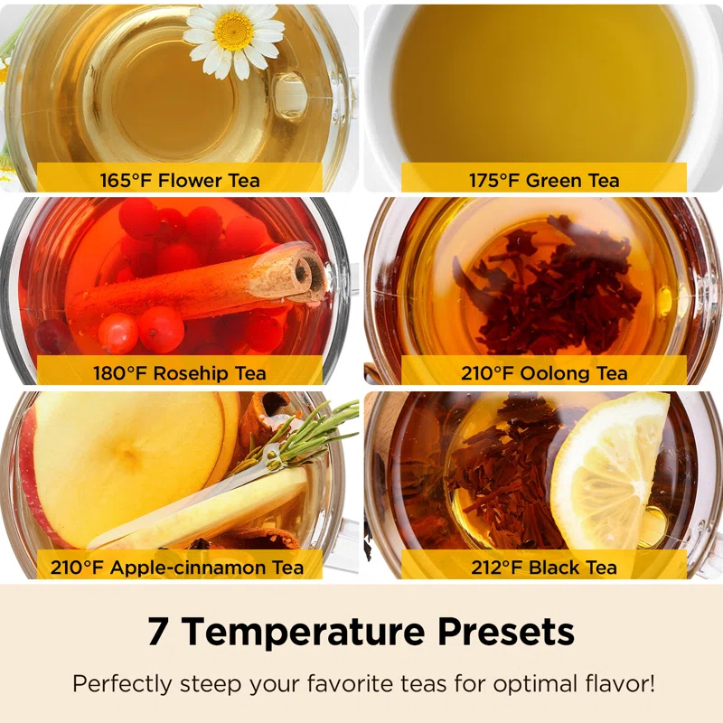 CUCKOO Electric Tea Kettle with Infuser & Temperature Control 7 Heat Settings LED Lights 1.7L Glass and Stainless Steel (CK-G170BS)