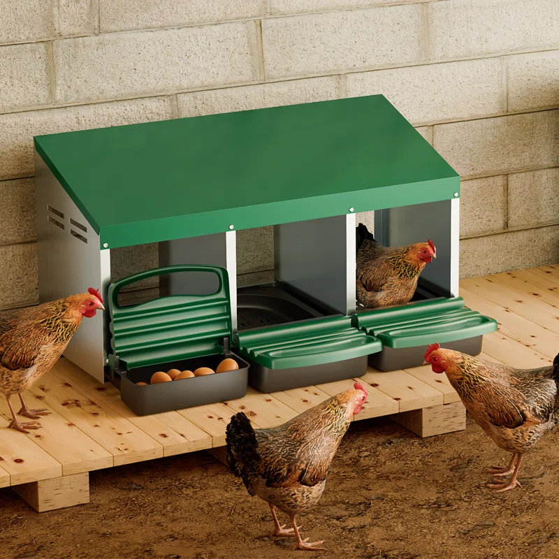Bring Home Furniture Chicken Nesting Boxes with 3 Compartments for Laying Eggs, Galvanized Steel Hen Nesting Box with Lid Pull-Out Tray and Ventilation Design