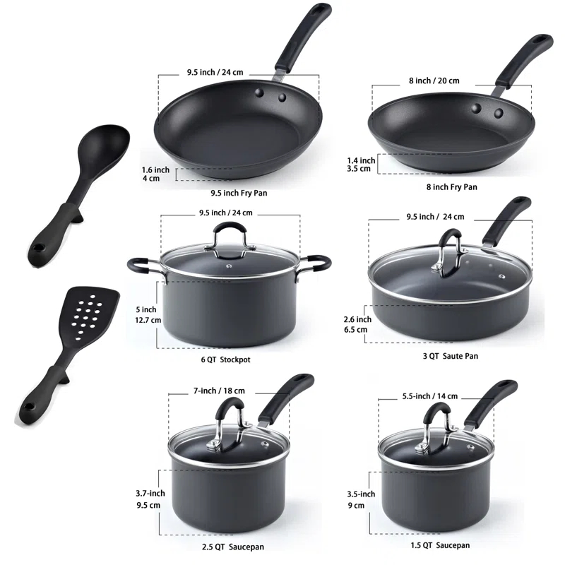 Cook N Home Professional Hard Anodized Pots and Pans Set Nonstick, Kitchen Cookware Set, Black