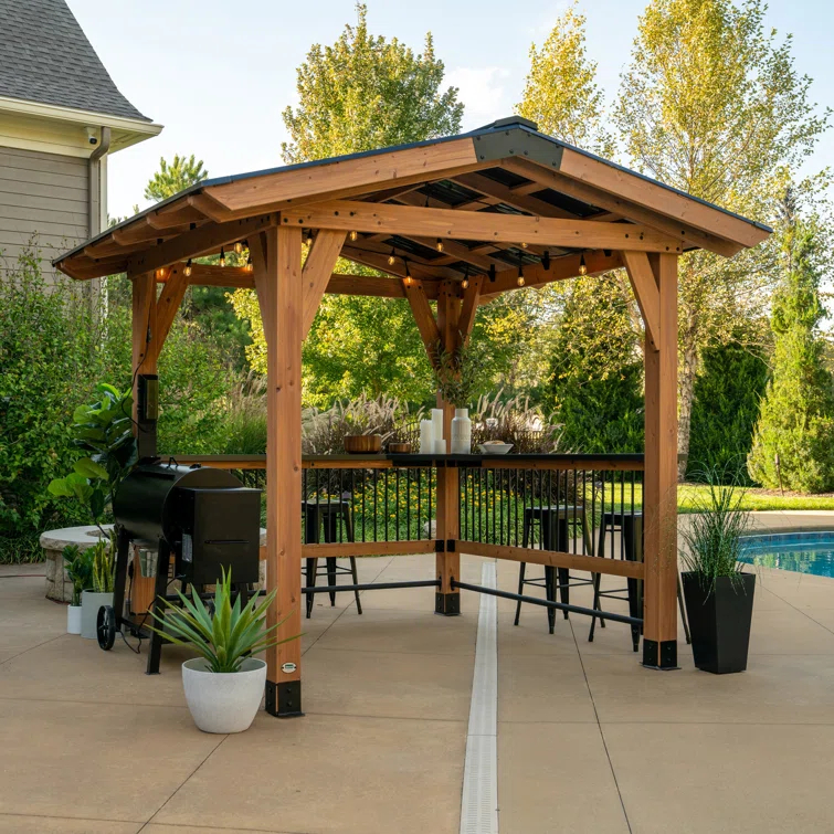 Backyard Discovery Backyard Discovery Granada 10' x 9' Cedar Wood Outdoor BBQ Grill Gazebo with Hardtop Galvanized Steel Roof and Bar Tops