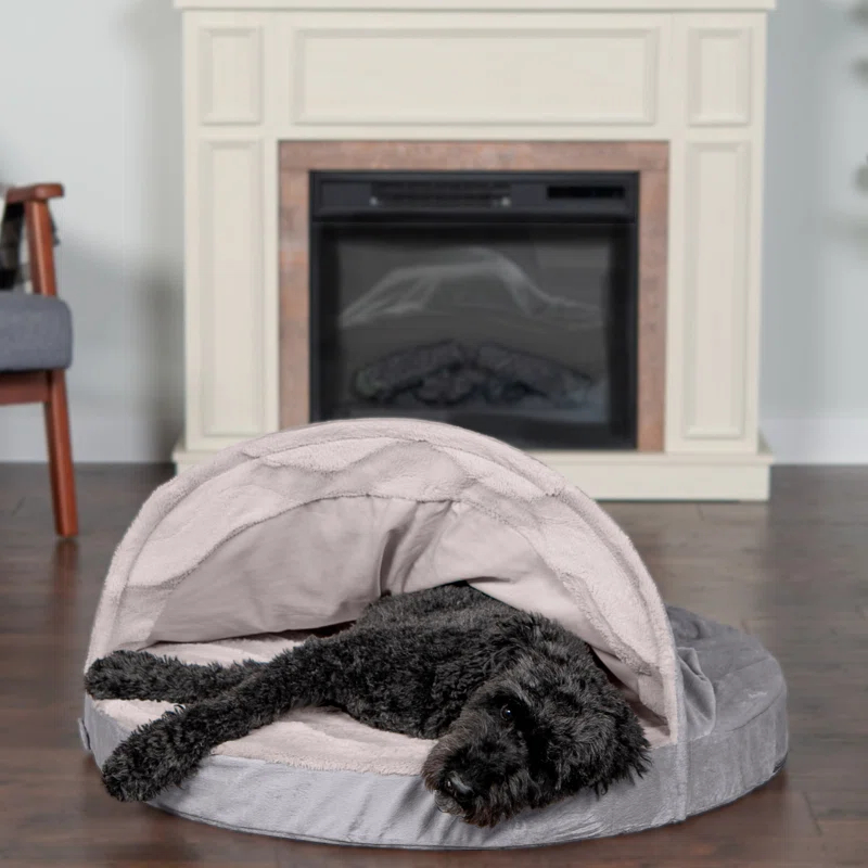 FurHaven Wave Fur & Velvet Snuggle Cave Orthopedic Hooded Dog Bed
