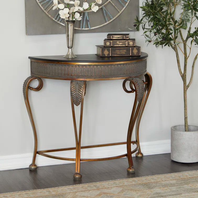Alcott Hill® Gold Metal Leaf Embossed Living Room Console Table with Ornate Scroll Legs, 41" x 19" x 33"