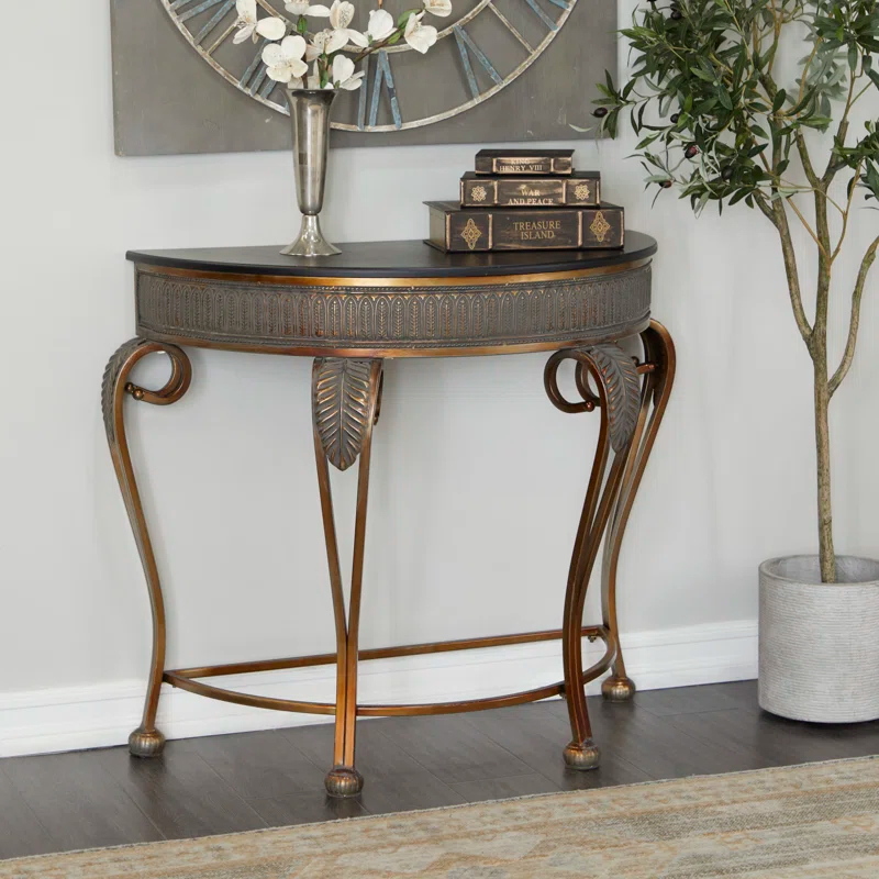 Alcott Hill® Allura Metal Embossed Leaf Console Table with Ornate Scroll Legs
