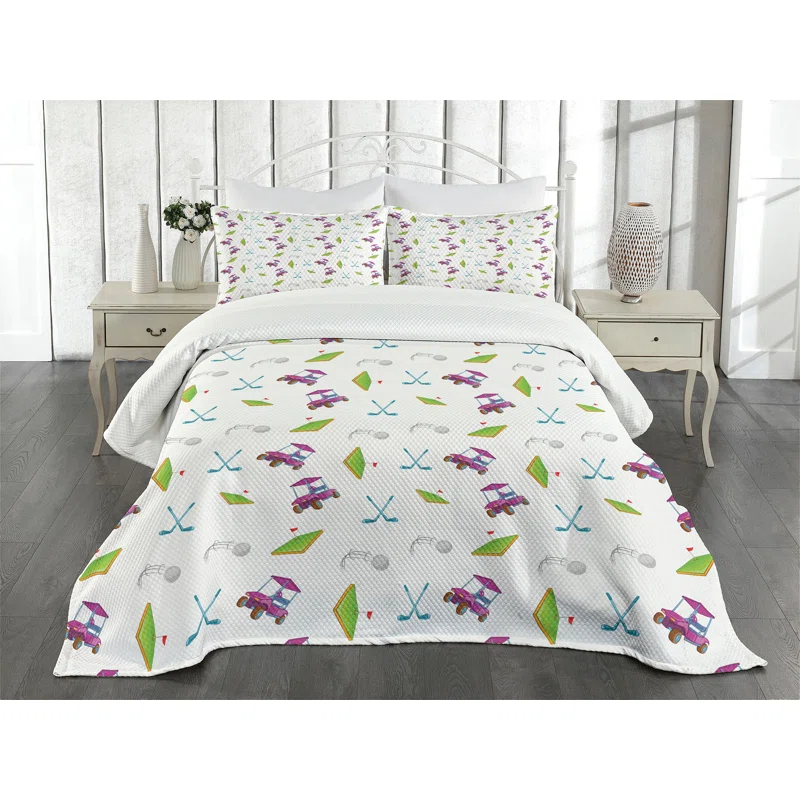 Ambesonne Ambesonne Golf Bedspread Set Clubs Carts Ball Flag on Grass Lime Green Purple