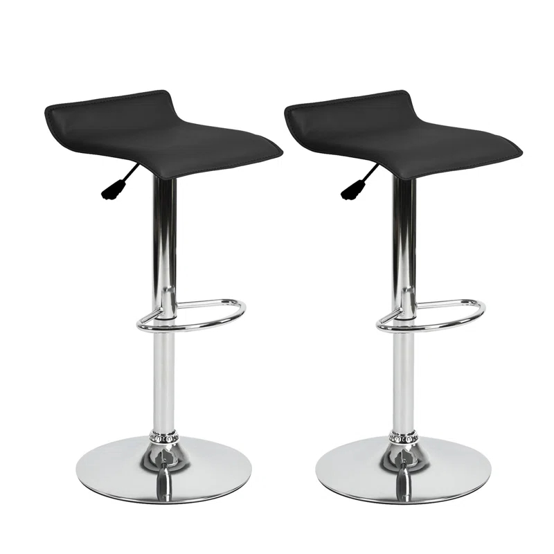 HomeRoots Set of Two Black and Silver Faux Leather and Metal Low Back Adjustable Height Swivel Bar Chairs | Wayfair