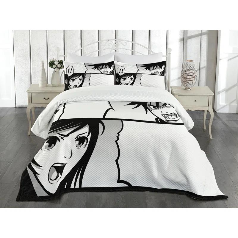 Ambesonne Ambesonne Anime Bedspread Set Japanese Cartoon Comic Black White Grey