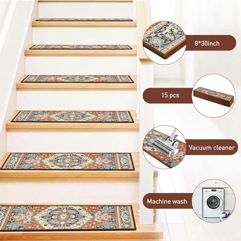 Bungalow Rose Stair Treads For Wooden Steps Indoor, 15 Pack 8" X 30" Non Slip Carpet Stair Treads With Reusable Adhesive For Kids Elders And Dogs, TPR Backing Stair Rugs Oriental Staircase Step Treads,Bohemia