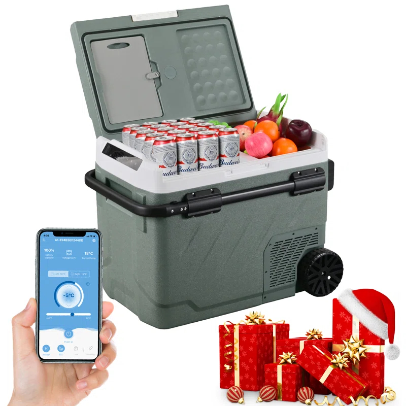 Alpicool 52Qt Dual Zone Portable Car Refrigerator, 12V/24V/220V Portable Car Fridge, With APP Smart Design to Remote Control Temperature, Large Capacity Cooler and Freezer, Wheels & Retractable Handle for Easy Move Anywhere