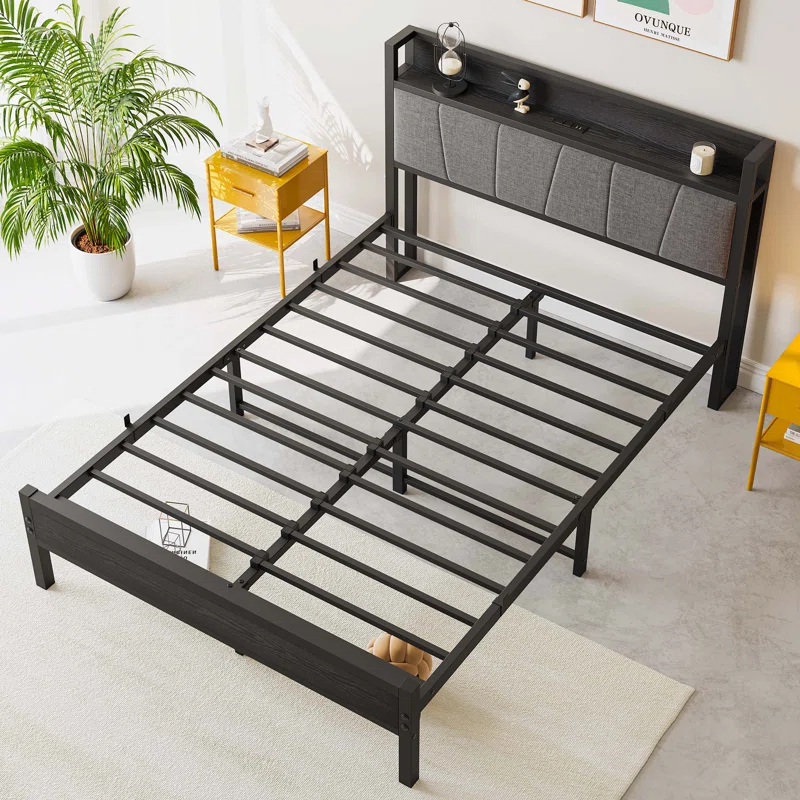 Bed Frame, Storage Headboard with Charging Station