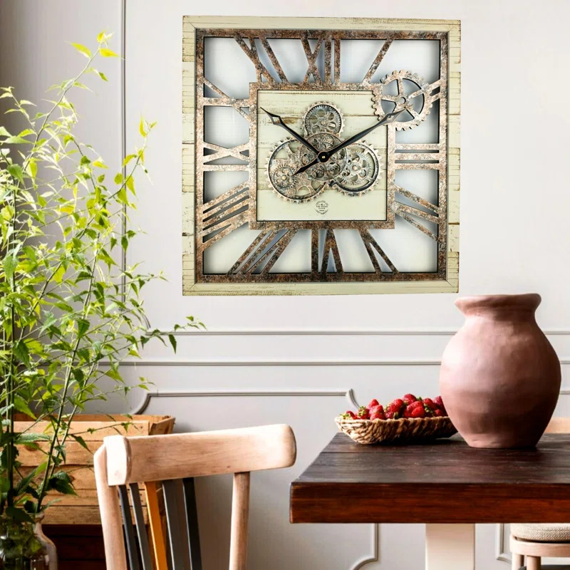 The Gears Clock Wall Clock 24" Square Oversized for Living Room decor with Real Moving Gears America Collection