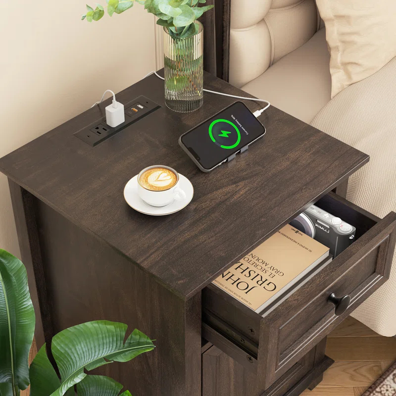 Azella 1-Drawer Frame End Table Set with Storage and Built-In Outlets (Set of 2)
