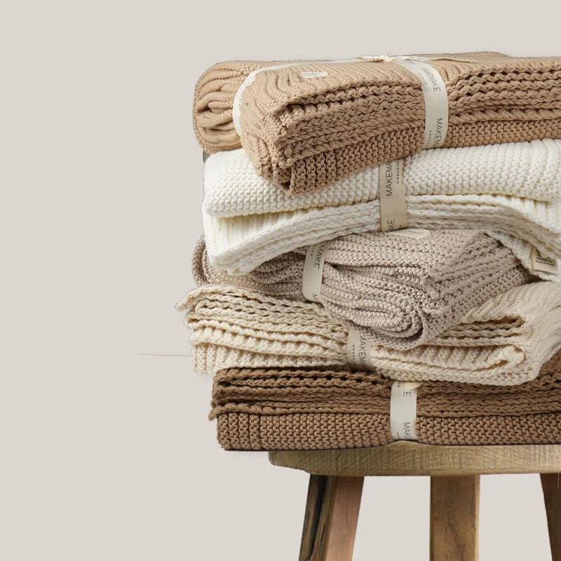 MakeMake Organics MakeMake Organics Organic Cotton Throw Blanket GOTS Certified Organic Knit Blanket Couch Bed Neutral Fall Colors Soft Cotton Throw Blanket Large (50x60, Sand)