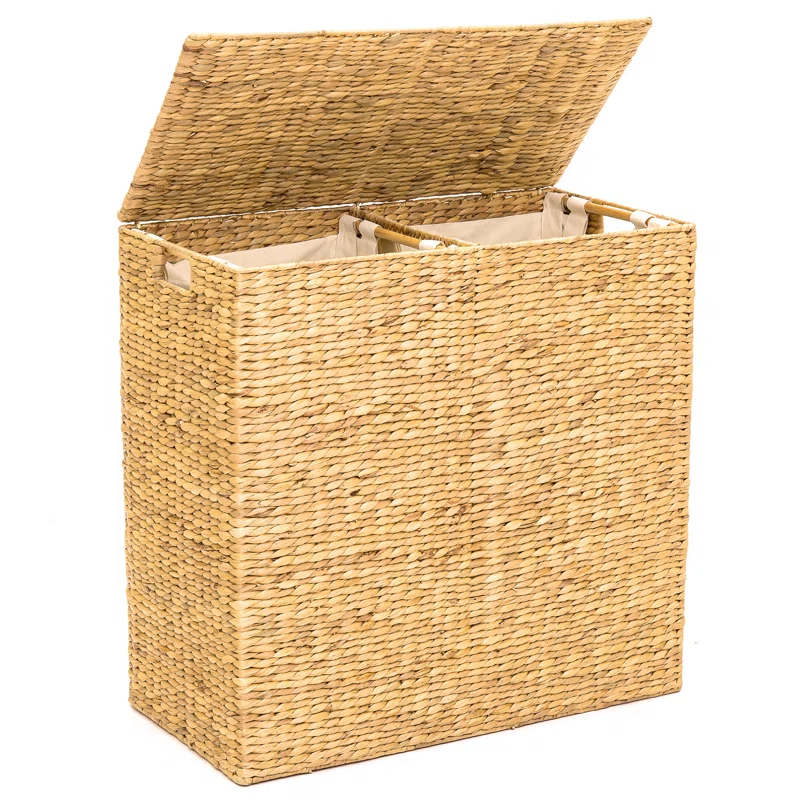 Bayou Breeze Large Water Hyacinth Double Laundry Hamper Basket w/ 2 Liner Bags, Handles