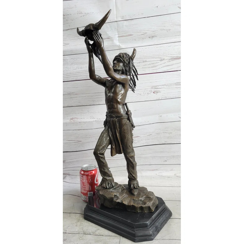 Canora Grey Taylee Native American Indian Shaman Medicine Man Holding Bison Skull Bronze Statue Sculpture 23" X 11"