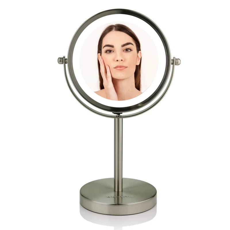 Ovente OVENTE 6" Lighted Makeup Mirror with 1X/7X Magnification, Cordless Tabletop Mount Vanity Round Mirror with 360° Swivel Design and Double Sided Cool Tone LED Ring Light, Nickel Brushed MLT60BR1X7X