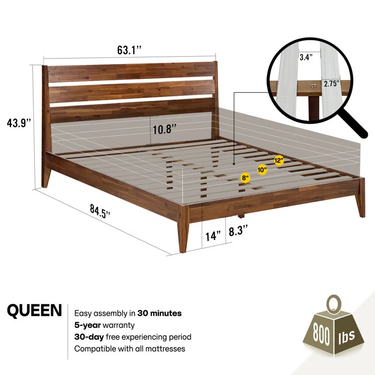 Acacia Acacia Premium Emery Solid Wood Platform Bed Frame with Headboard Included, No Box Spring Needed, Weight Capacity 800lb.