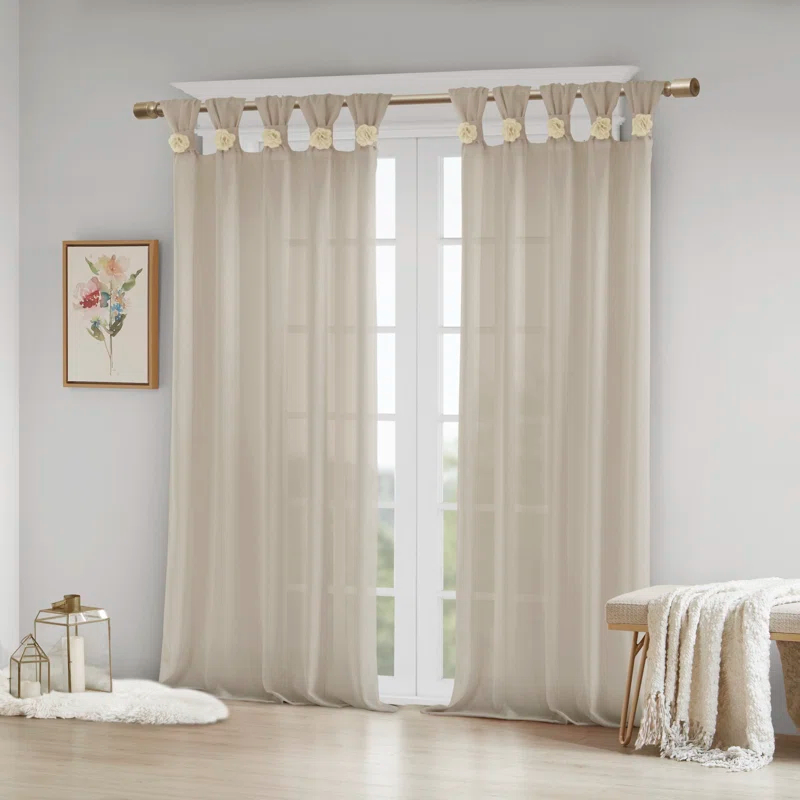 Madison Park Rosette Floral Embellished Cuff Tab Top Solid Single Curtain Panel