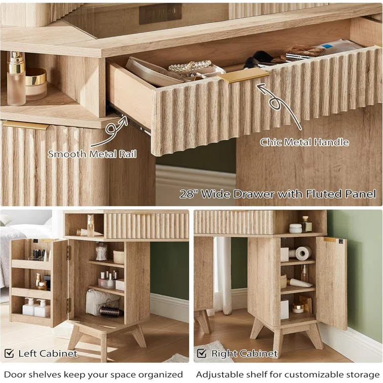 Brayden Studio® Fluted Makeup Vanity Desk with 3 Way Mirror and Lights,48" Large Corner Vanity Table with Glass Top