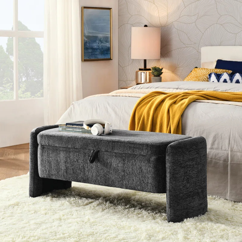 Wrought Studio™ Oval Ottoman Orange Storage Bench Chenille Fabric Bench