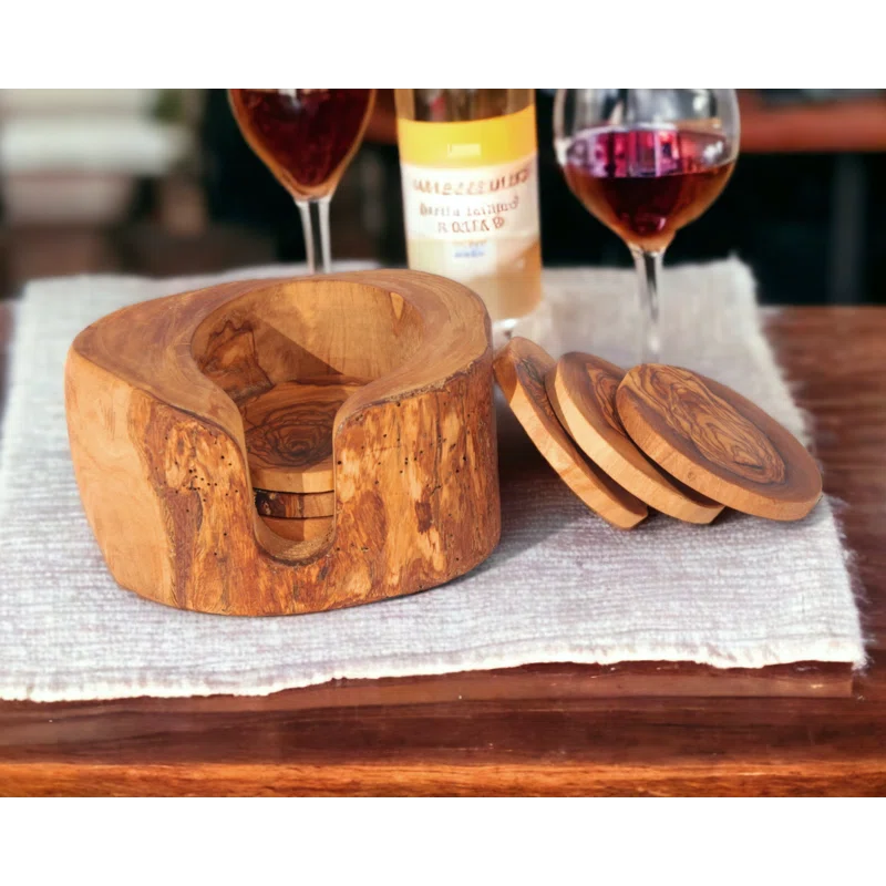 KAMSAH Kitchenware Handcrafted Olive Wood Coaster Set with Holder - Includes 6 Round Coasters and Versatile Holder